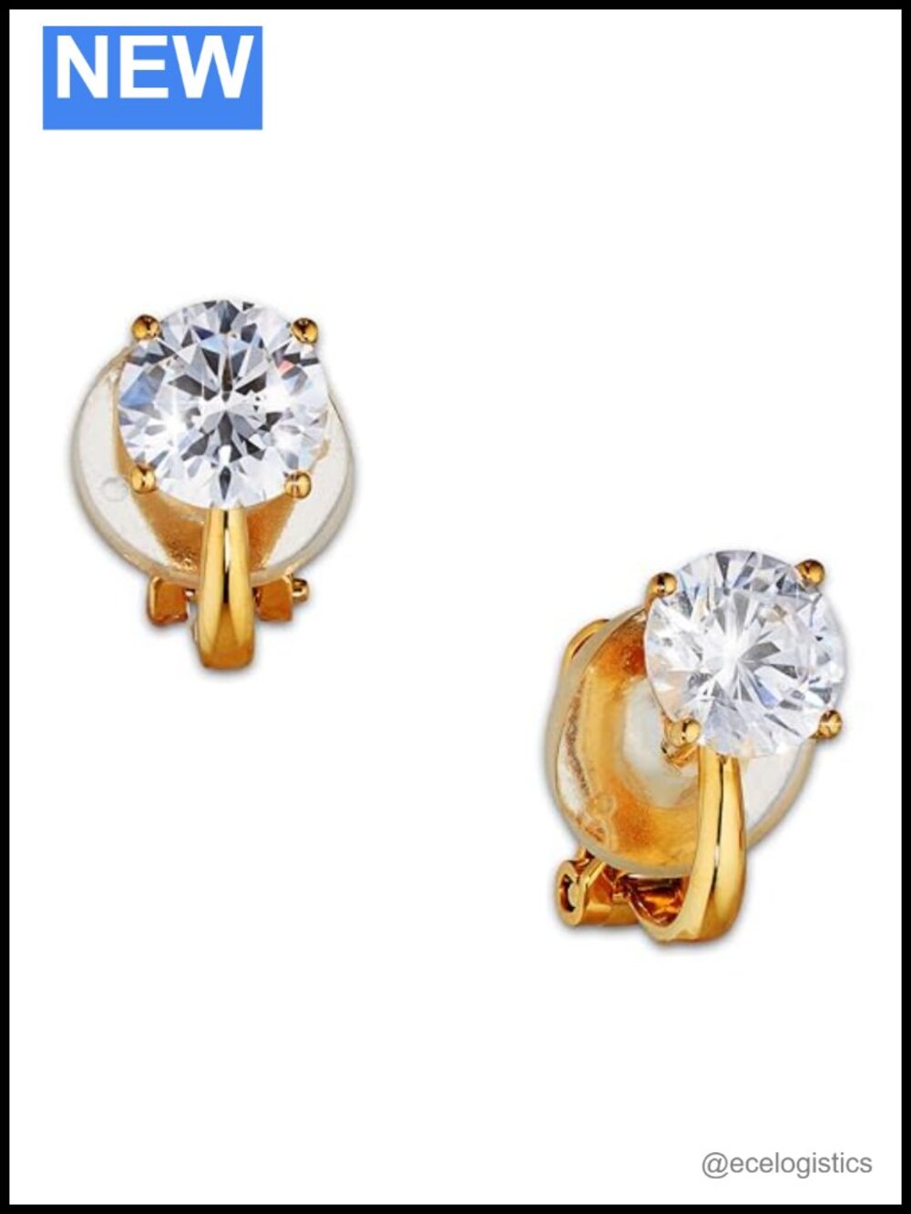 18K Gold Plated Clip On Round CZ Stud Earrings Hypoallergenic